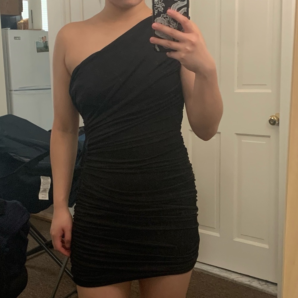 Forever21 Ruched One Shoulder Black Mini Dress